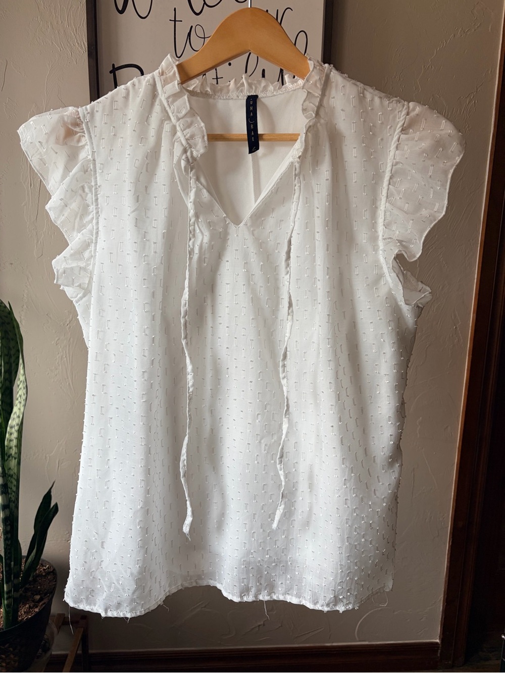 Luna Rae White Swiss Dot Tie-Neck Ruffle Sleeve Blouse